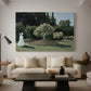 Canvas art print featuring an elegant woman posed outdoors among blooming plants, displayed in a spacious living room