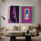 Canvas art print featuring an expressive collage with simplified shapes and visual rhythm, displayed in a spacious living room