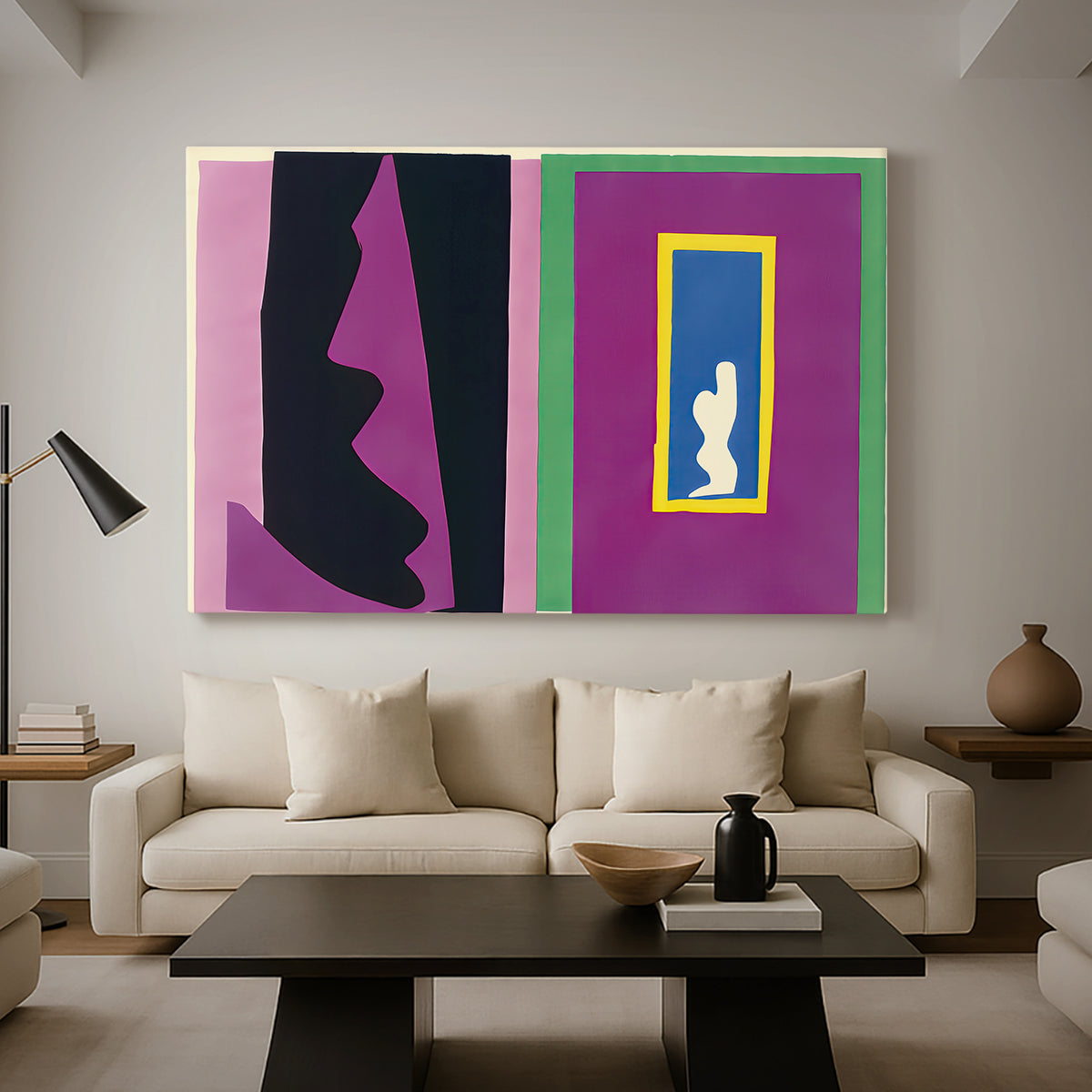 Canvas art print featuring an expressive collage with simplified shapes and visual rhythm, displayed in a spacious living room