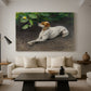 Canvas art print featuring an animal painting of dog stretched out on earthy terrain, displayed in a spacious living room
