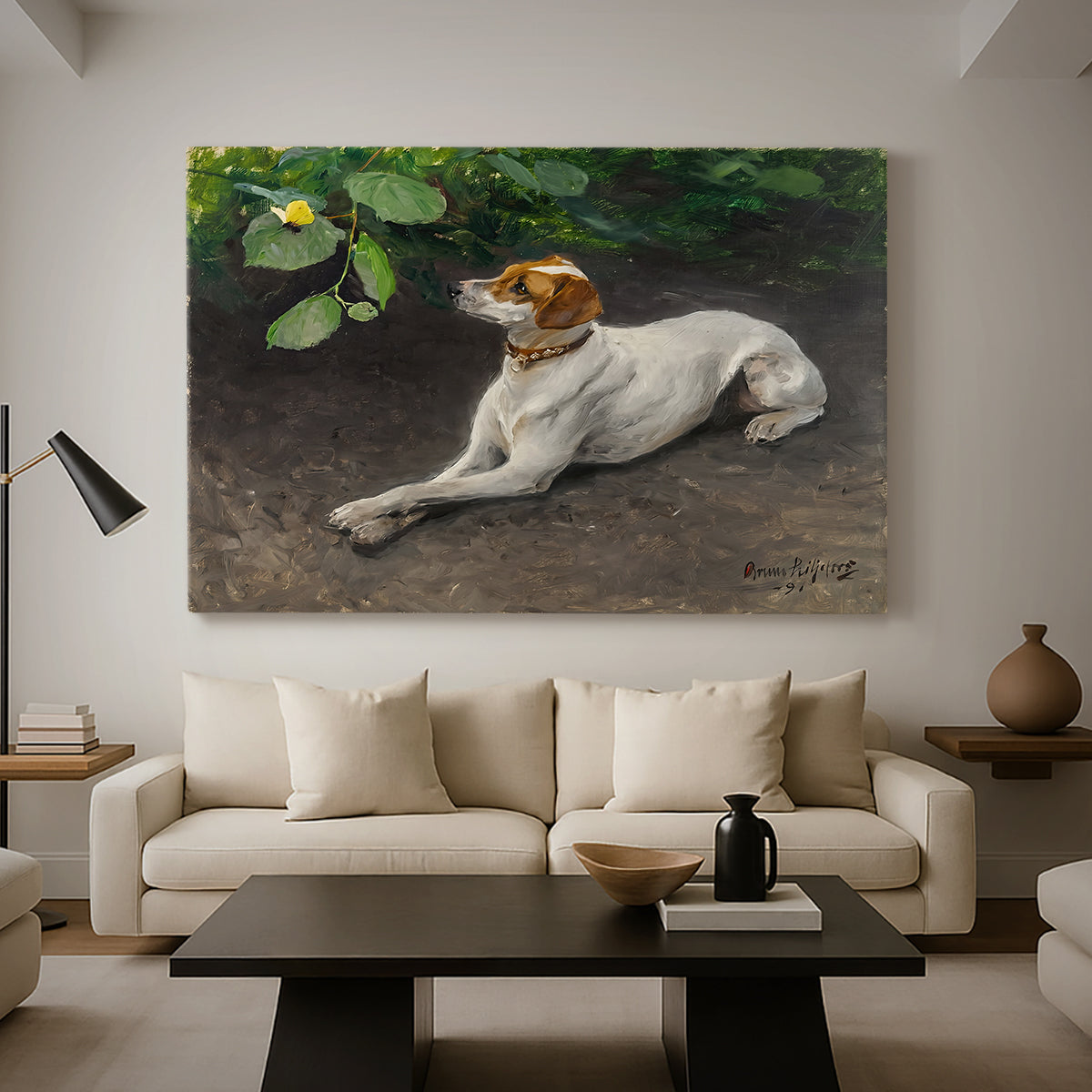 Canvas art print featuring an animal painting of dog stretched out on earthy terrain, displayed in a spacious living room