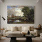 Canvas art print featuring a landscape combining architecture and nature, displayed in a spacious living room