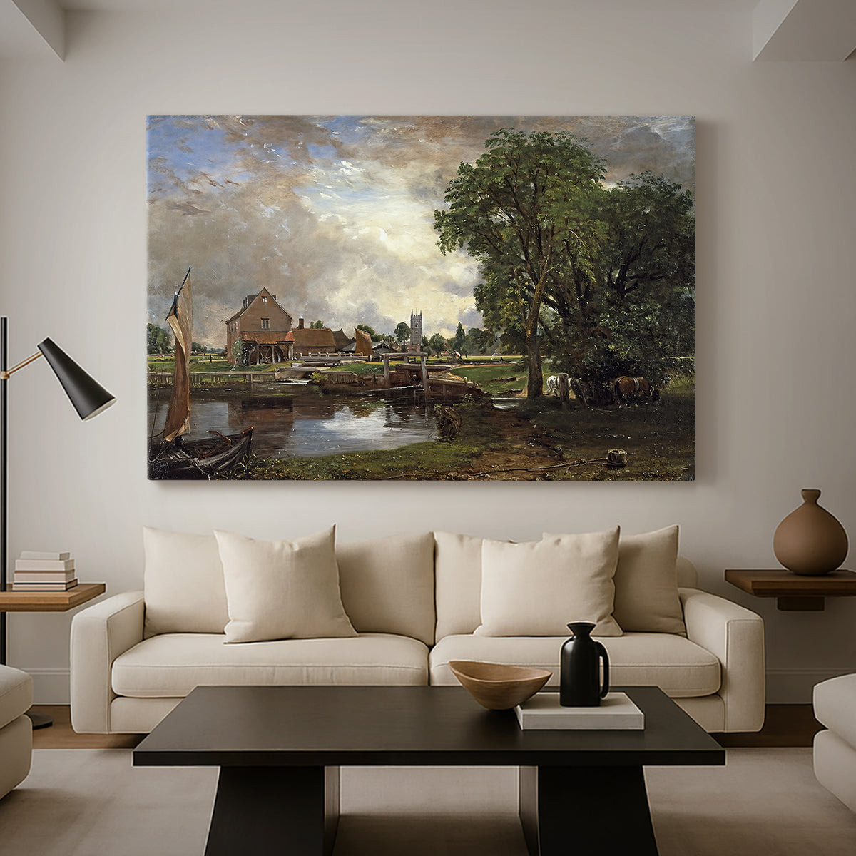 Canvas art print featuring a landscape combining architecture and nature, displayed in a spacious living room