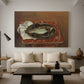 Canvas art print featuring a minimal tabletop composition centered on a fish, displayed in a spacious living room