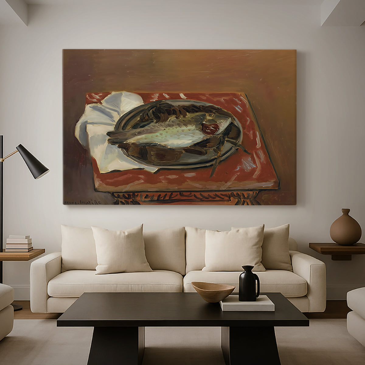 Canvas art print featuring a minimal tabletop composition centered on a fish, displayed in a spacious living room