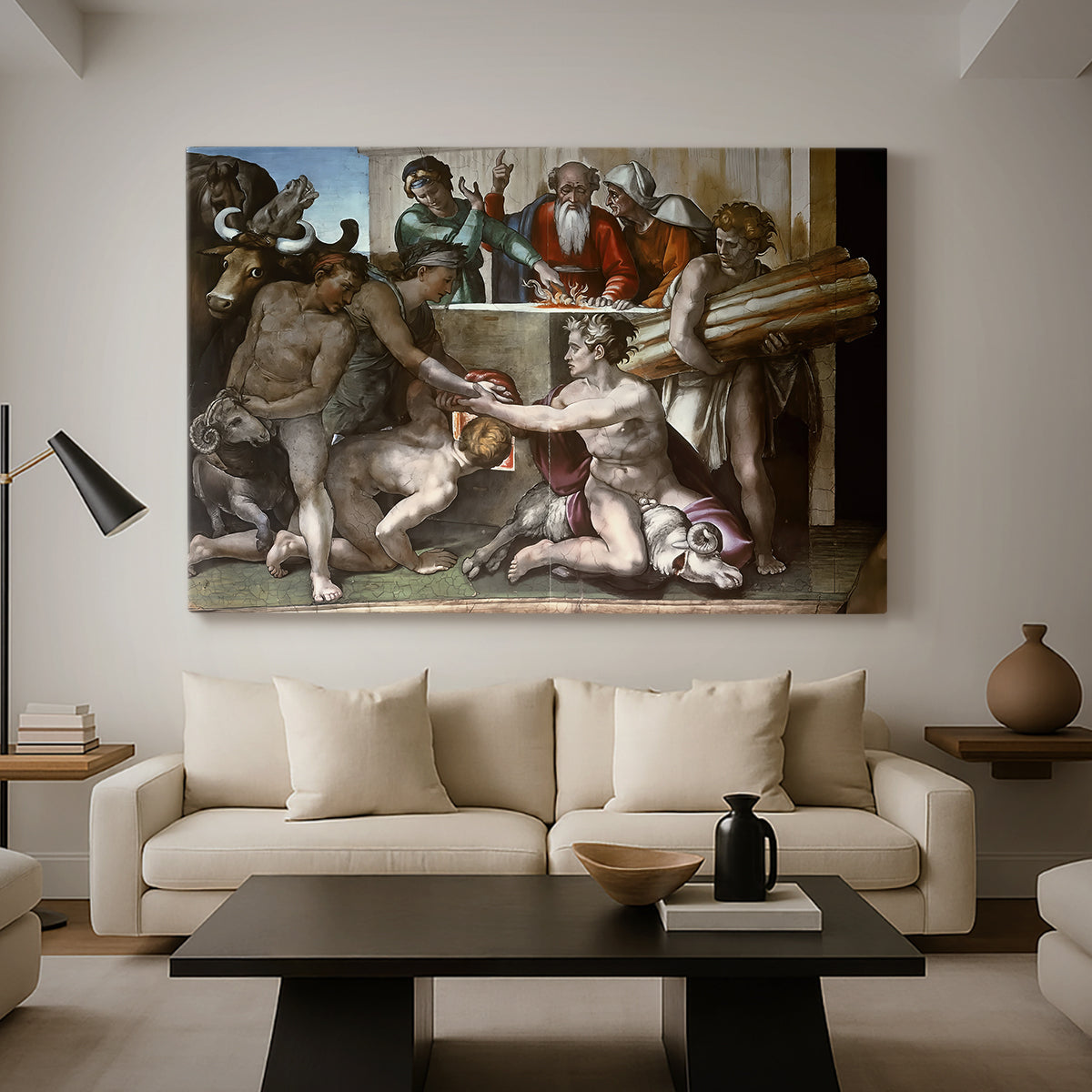 Canvas art print featuring a narrative composition with figures, displayed in a spacious living room