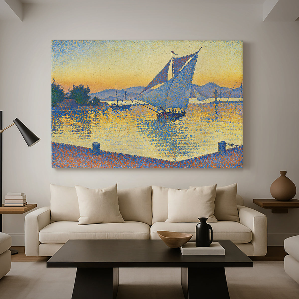 Canvas art print featuring a pointillist sunset composition with sailboats , displayed in a spacious living room