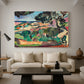 Canvas art print featuring an expressive landscape of colorful terrain and vegetation, displayed in a spacious living room