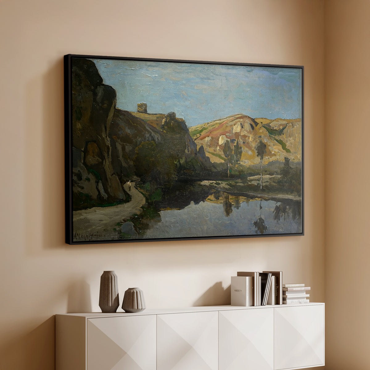 River Landscape with Cliffs, c. 1850-1860 - Floater Framed Canvas Print