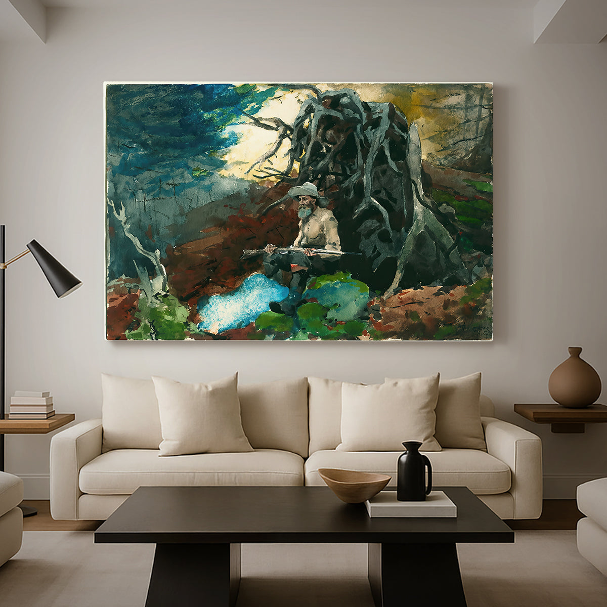 Canvas art print featuring an outdoor composition showing campsite within dense forest, displayed in a spacious living room