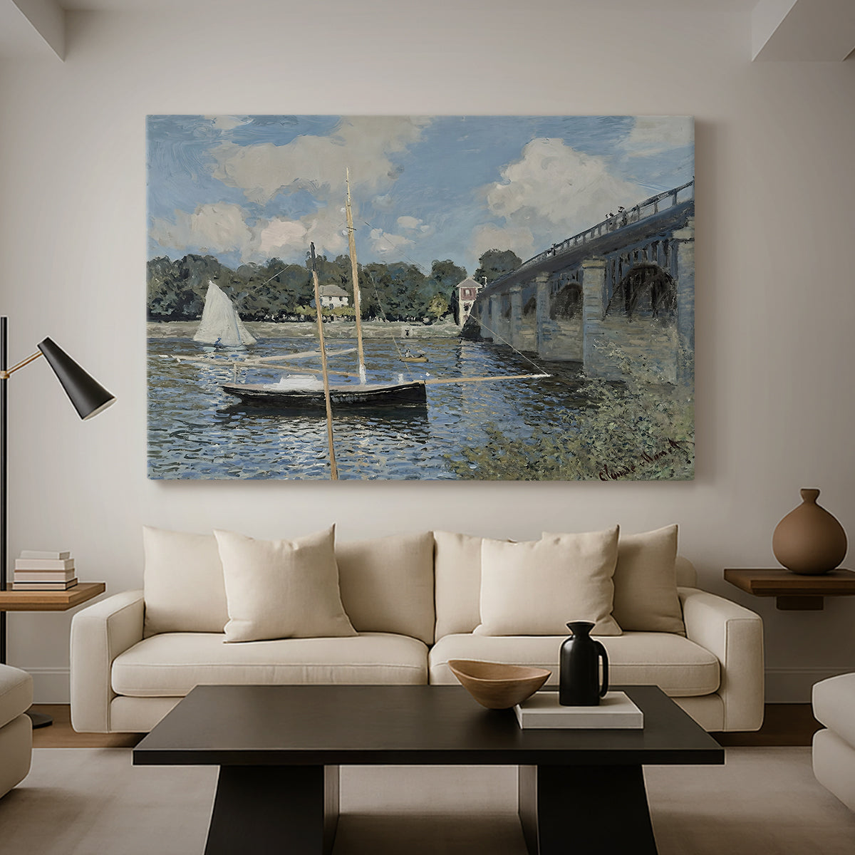 Canvas art print featuring a calm waterway with bridge structure and leisure boats, displayed in a spacious living room