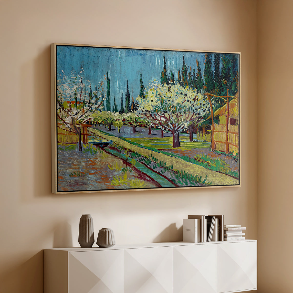 Orchard in Blossom, Bordered by Cypresses, 1888 - Floater Framed Canvas Print