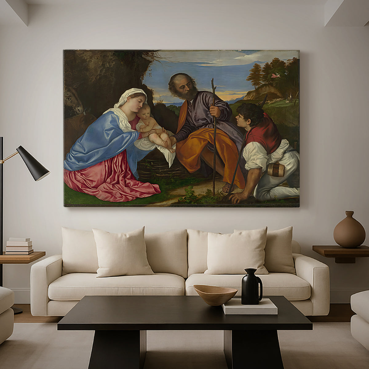Canvas art print featuring a devotional composition combining sacred family and shepherd figure, displayed in a spacious living room