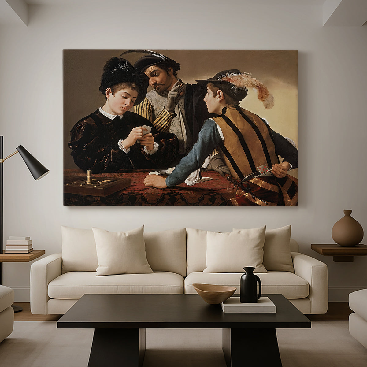 Canvas art print featuring a young men playing cards with one cheating and another watching closely, displayed in a spacious living room