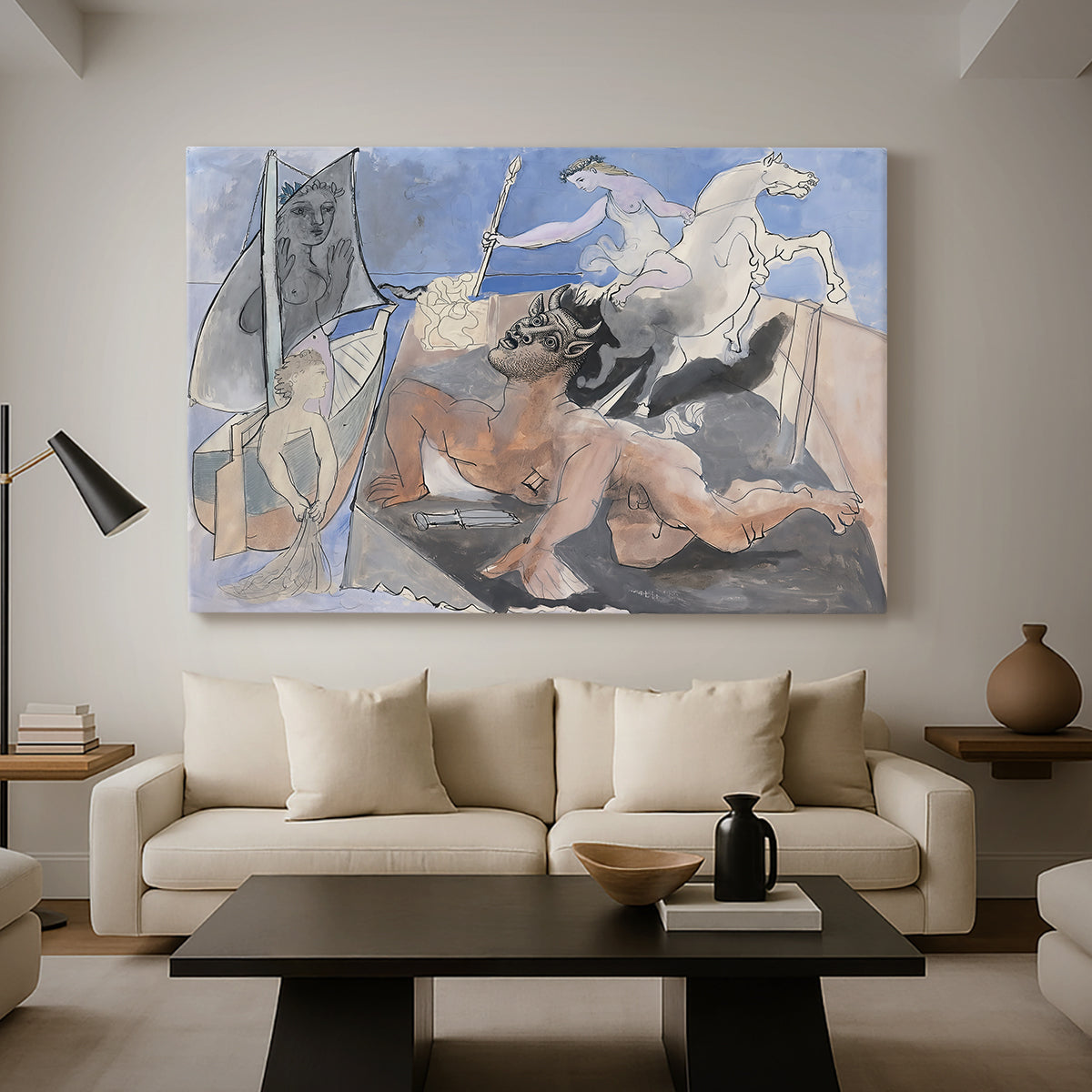 Canvas art print featuring a surreal drawing combining forms, displayed in a spacious living room