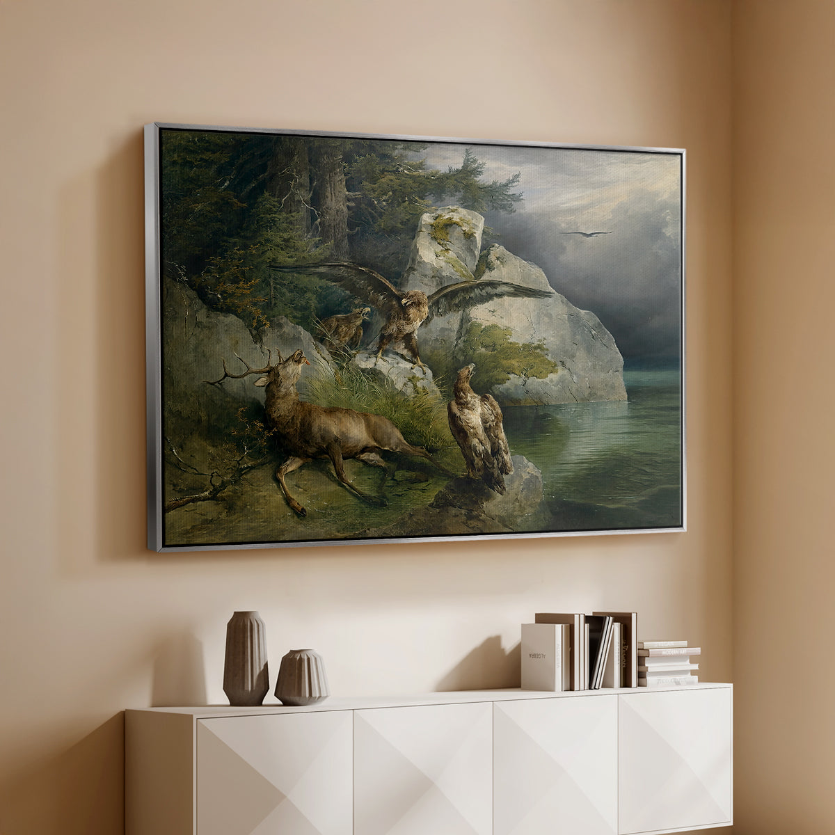 Eagles and Dying Stag on a Lakeshore, 1836 - Floater Framed Canvas Print
