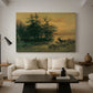 Canvas art print featuring an alpine landscape with deer, displayed in a spacious living room