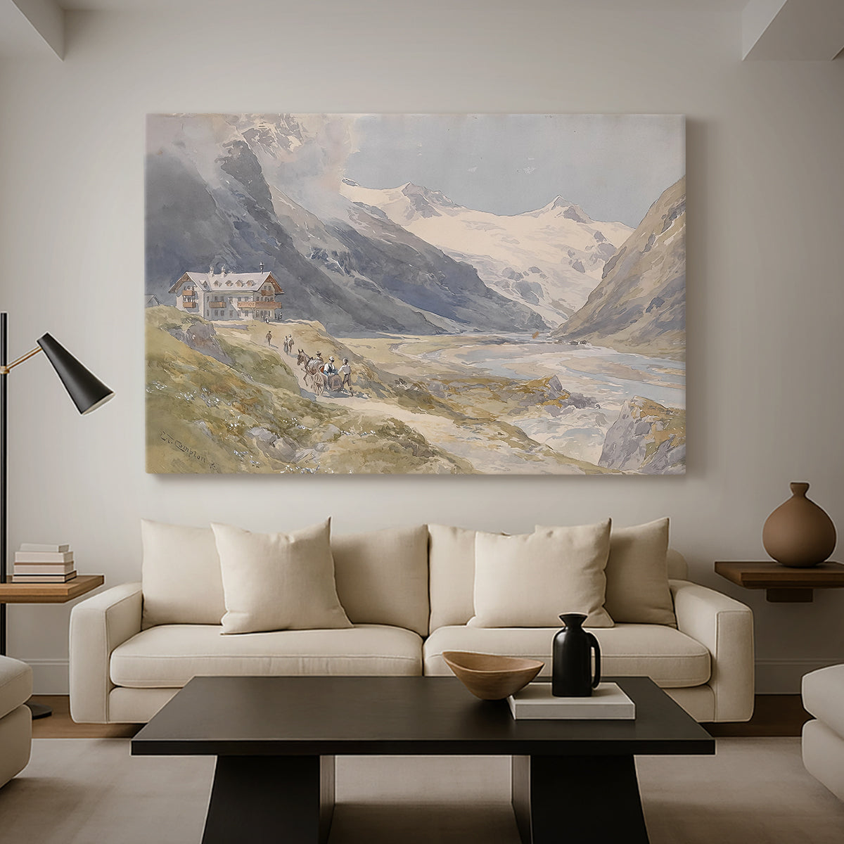 Canvas art print featuring a rural alpine setting with shepherds and open terrain, displayed in a spacious living room