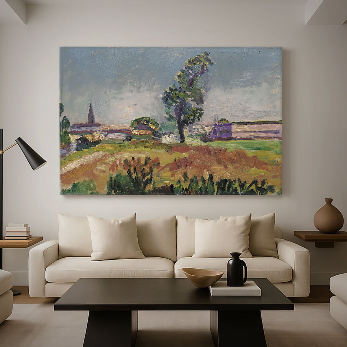 Canvas art print featuring a landscape with a river crossing and soft vegetation, displayed in a spacious living room