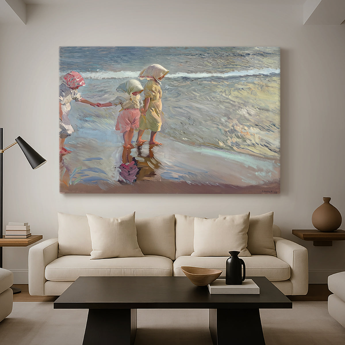 Canvas art print featuring an impressionist scene with women and ocean backdrop, displayed in a spacious living room