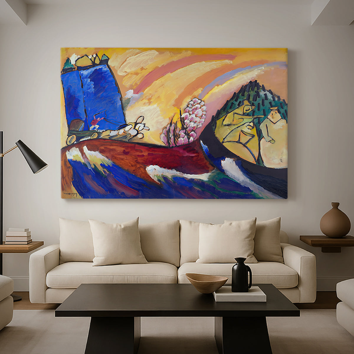 Canvas art print featuring a dynamic scene blending figurative elements with abstraction, displayed in a spacious living room