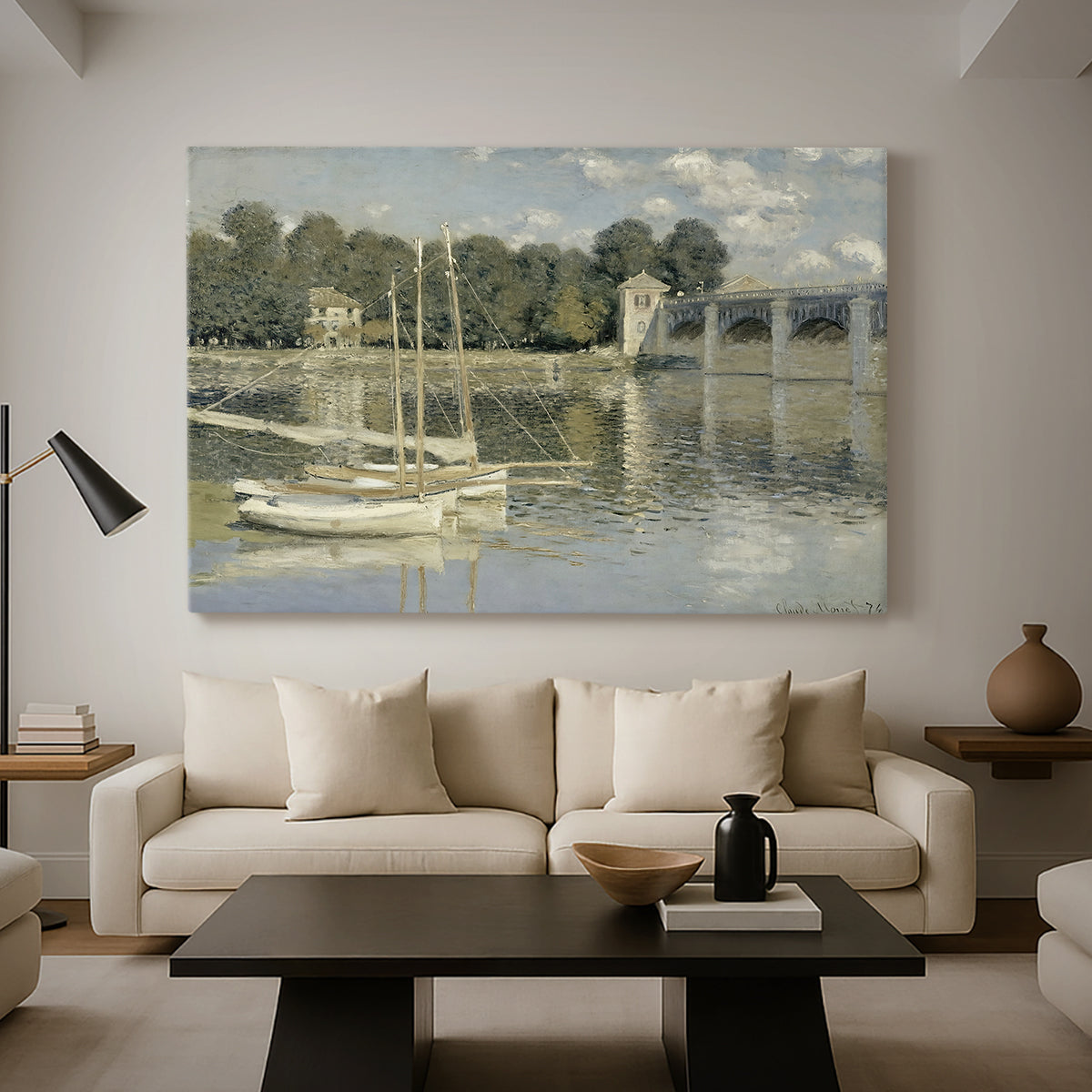 Canvas art print featuring a bright landscape featuring bridge and sailboats on calm water, displayed in a spacious living room