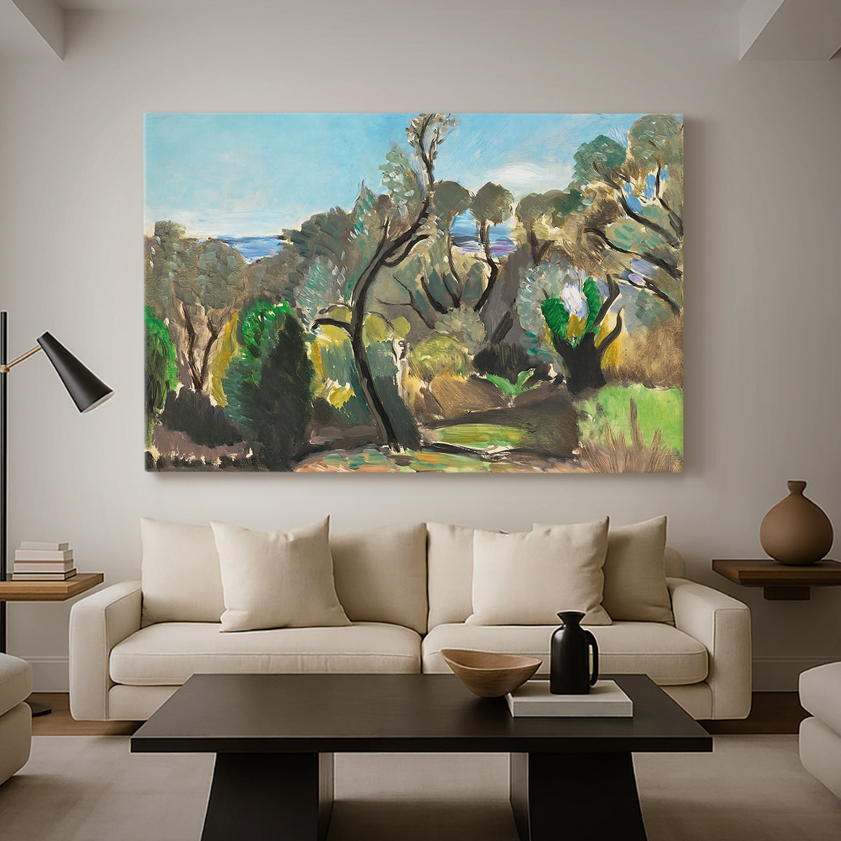 Canvas art print featuring a Fauvist landscape with simplified natural forms, displayed in a spacious living room