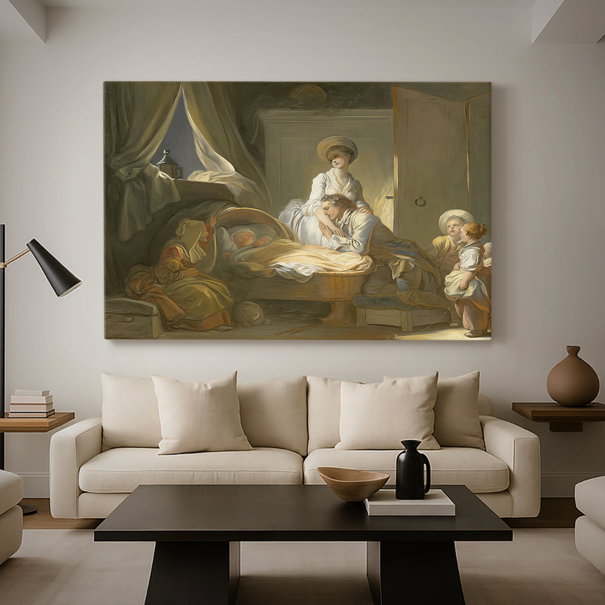 Canvas art print featuring an expressive caregiving moment indoors, displayed in a spacious living room