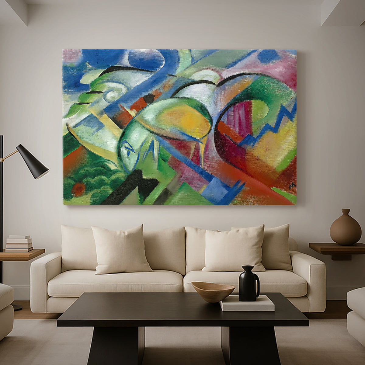 Canvas art print featuring an expressionist composition blending animals with environment, displayed in a spacious living room