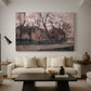 Canvas art print featuring a rural scene with structure and atmosphere, displayed in a spacious living room