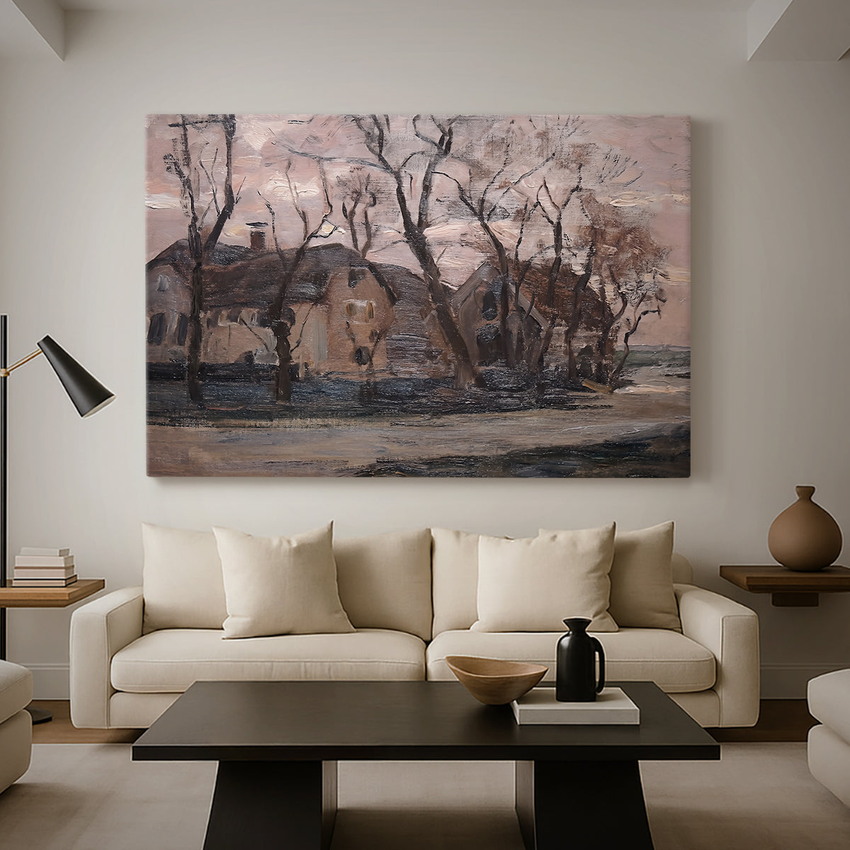 Canvas art print featuring a rural scene with structure and atmosphere, displayed in a spacious living room
