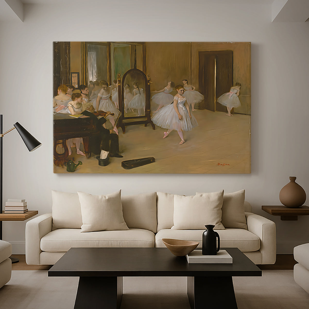 Canvas art print featuring an impressionist interior capturing movement and discipline of dancers, displayed in a spacious living room