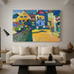 Canvas art print featuring a simplified town scene with bold blocks of color and defined outlines, displayed in a spacious living room