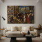 Canvas art print featuring a narrative scene of Christ among soldiers and onlookers, displayed in a spacious living room