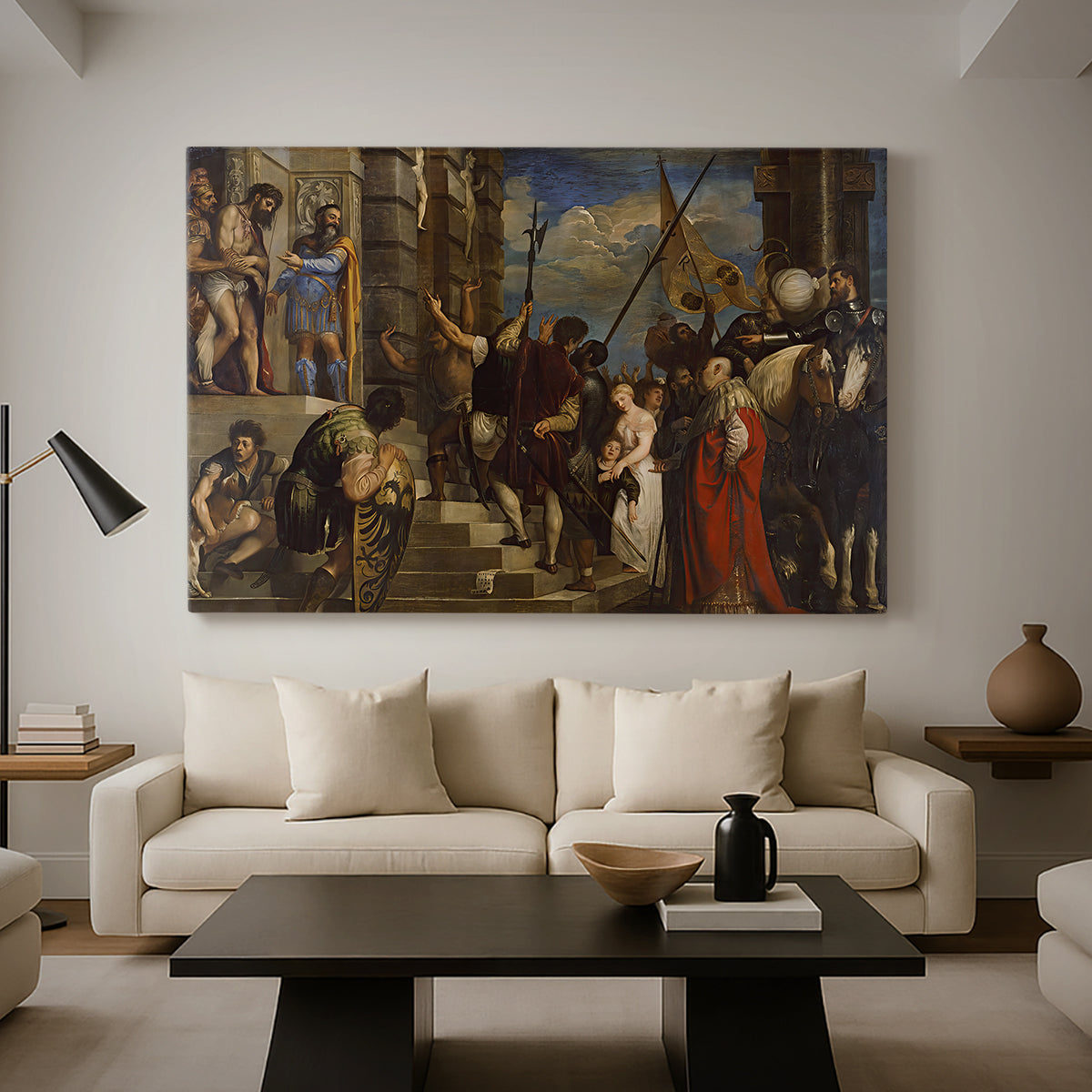 Canvas art print featuring a narrative scene of Christ among soldiers and onlookers, displayed in a spacious living room