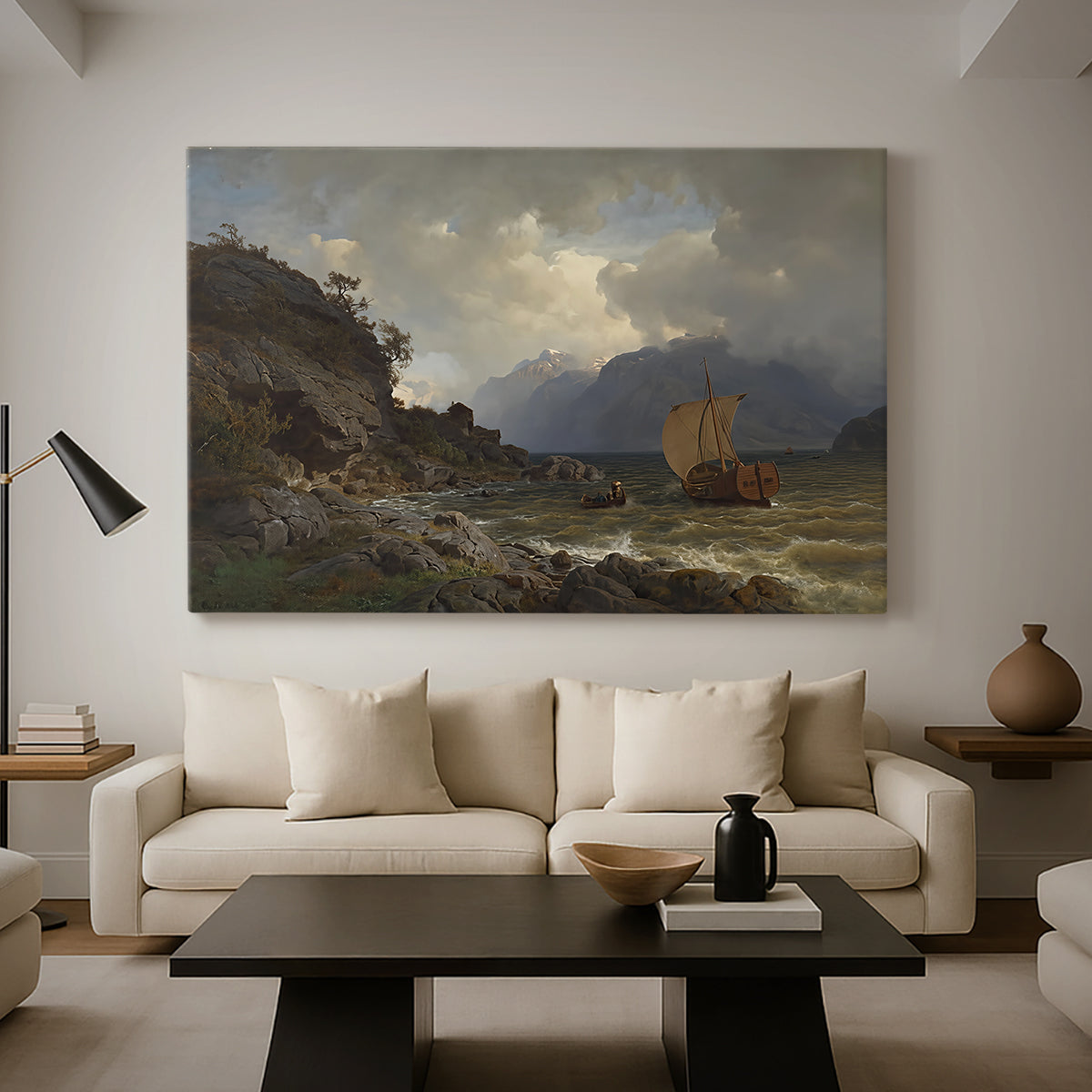 Canvas art print featuring an expansive ocean view with cliffs and maritime activity, displayed in a spacious living room