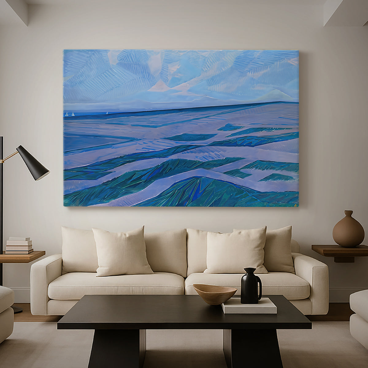 Canvas art print featuring flattened landscape forms, displayed in a spacious living room