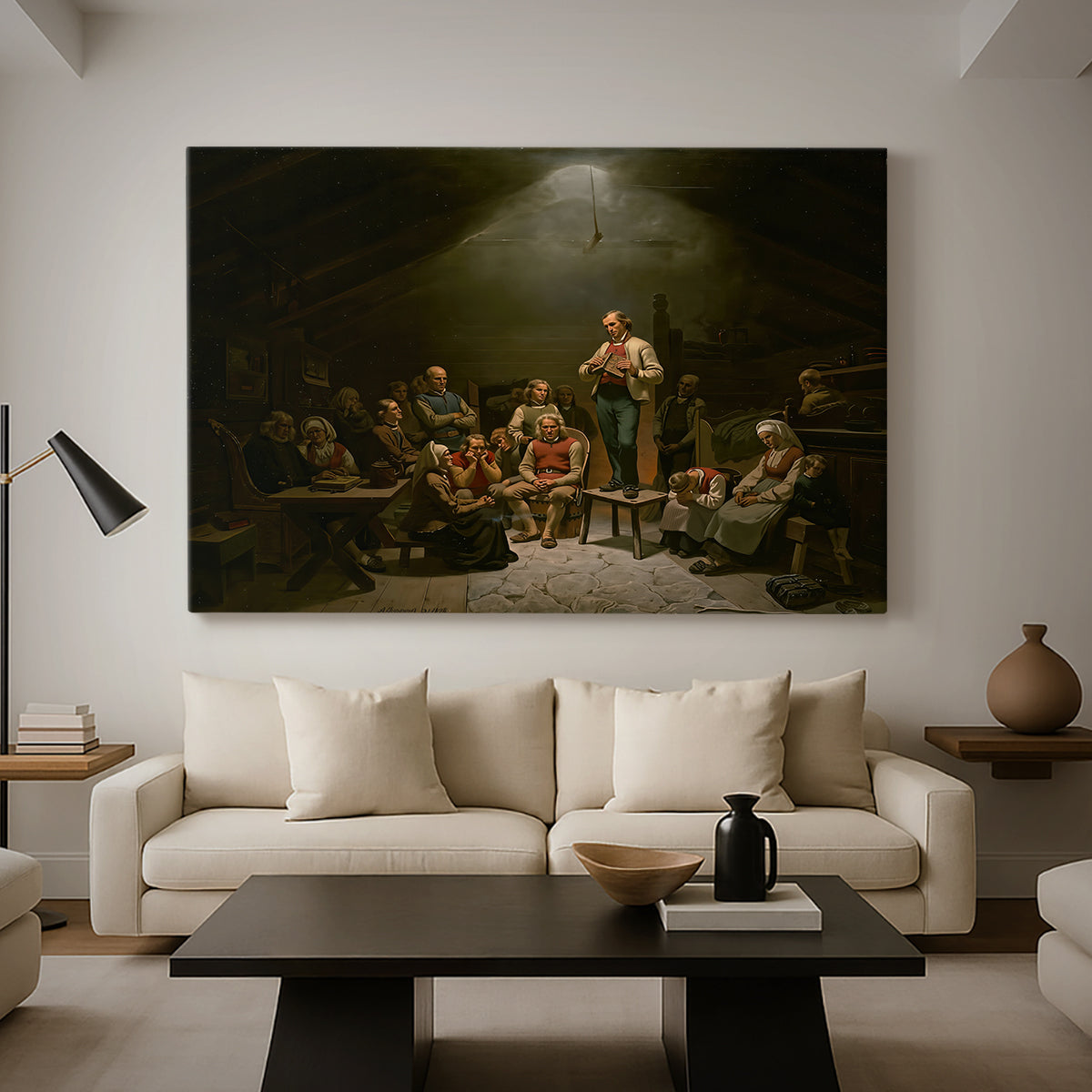 Canvas art print featuring a rural religious gathering with people listening attentively in modest interior, displayed in a spacious living room