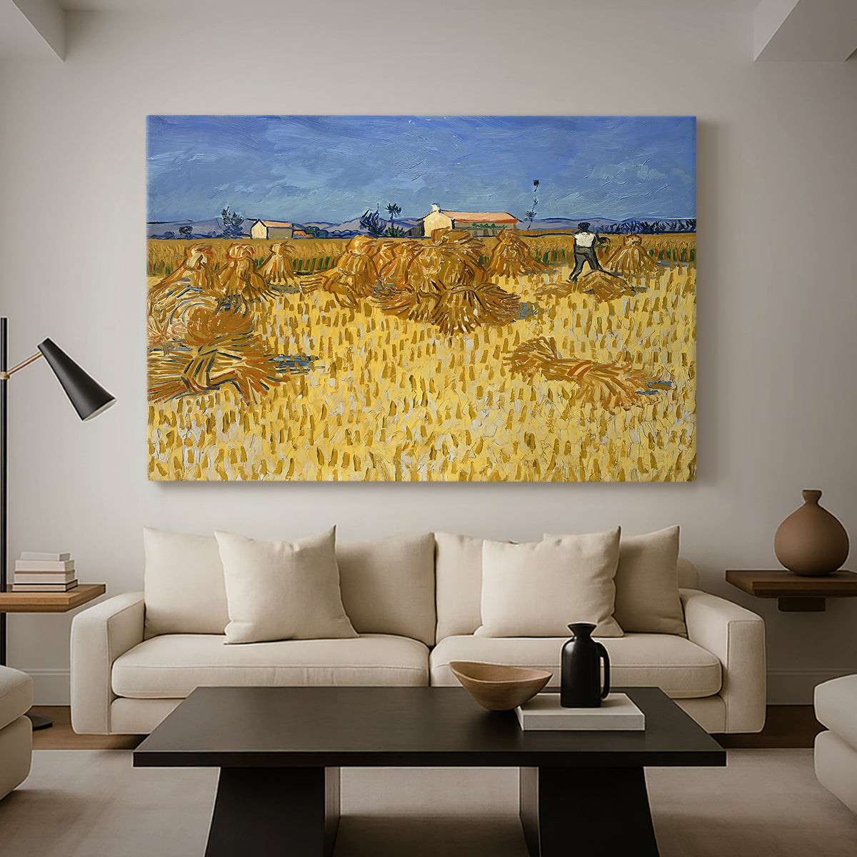 Canvas art print featuring a field composition showing harvest stage with grouped crops, displayed in a spacious living room