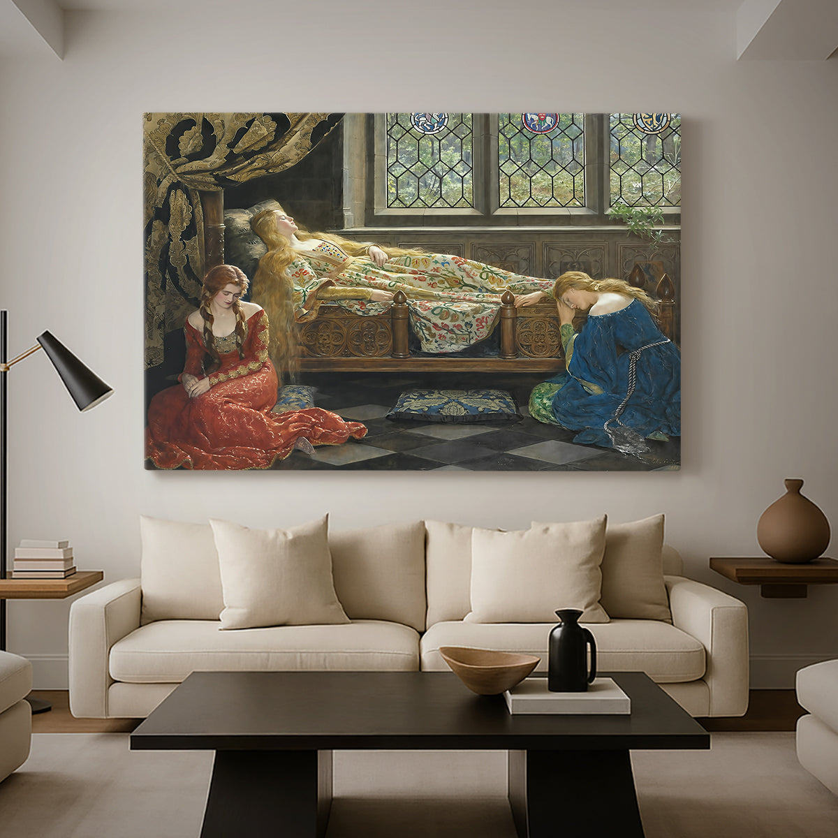 Canvas art print featuring an expressive interior composition, displayed in a spacious living room