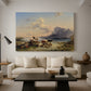 Canvas art print featuring an alpine landscape with figures and animals, displayed in a spacious living room