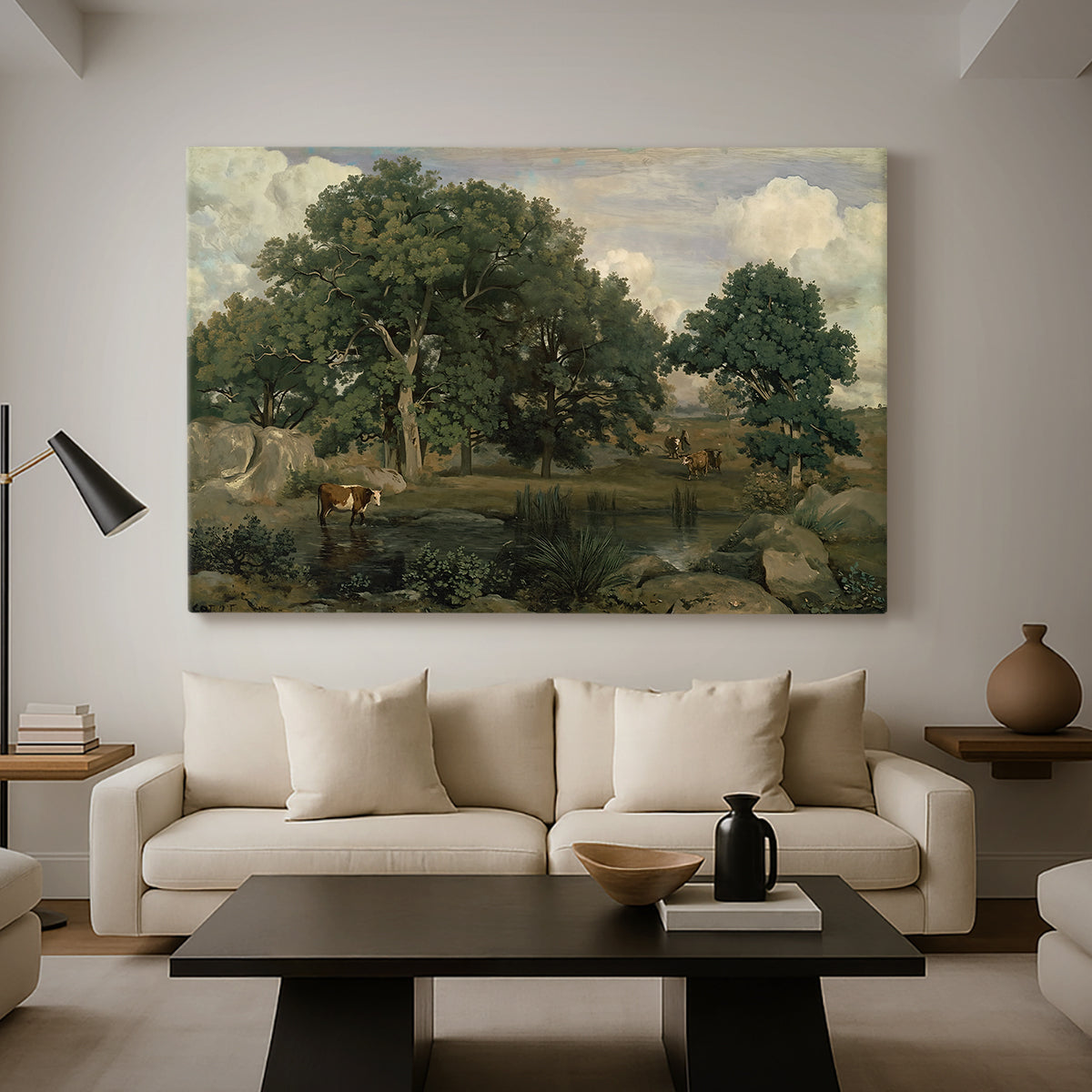 Canvas art print featuring a natural environment with trees and subtle depth, displayed in a spacious living room