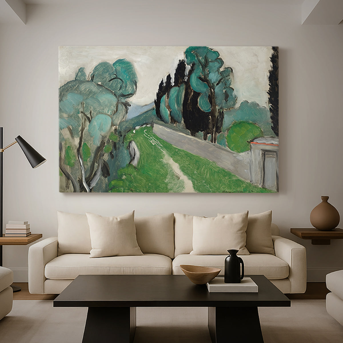 Canvas art print featuring a Fauvist landscape near Nice with simplified vegetation, displayed in a spacious living room