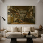 Canvas art print featuring an interior scene with figure engaged in manual work, displayed in a spacious living room