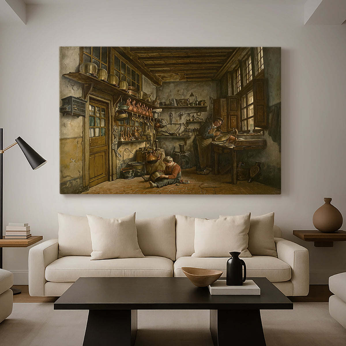 Canvas art print featuring an interior scene with figure engaged in manual work, displayed in a spacious living room
