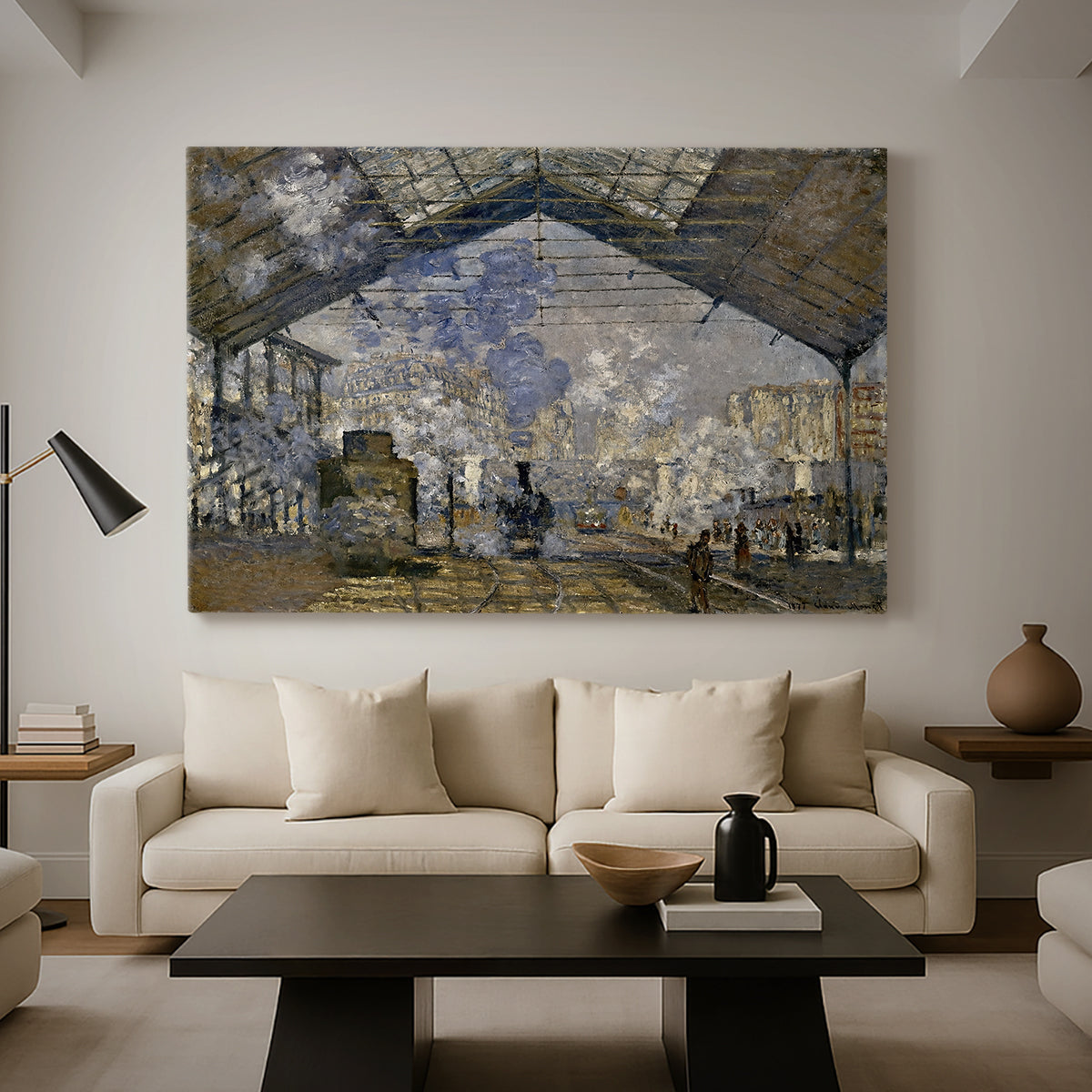 Canvas art print featuring an industrial interior with steam clouds and rail tracks, displayed in a spacious living room
