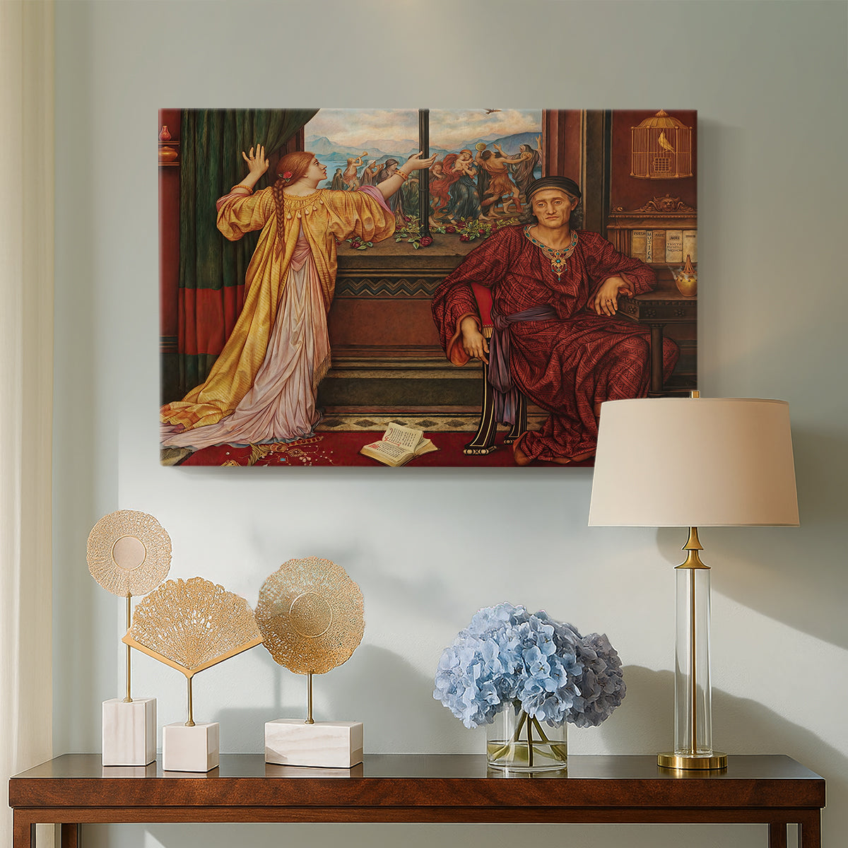 Canvas art print featuring an interior composition with woman and gilded elements suggesting restriction, displayed above a styled console table