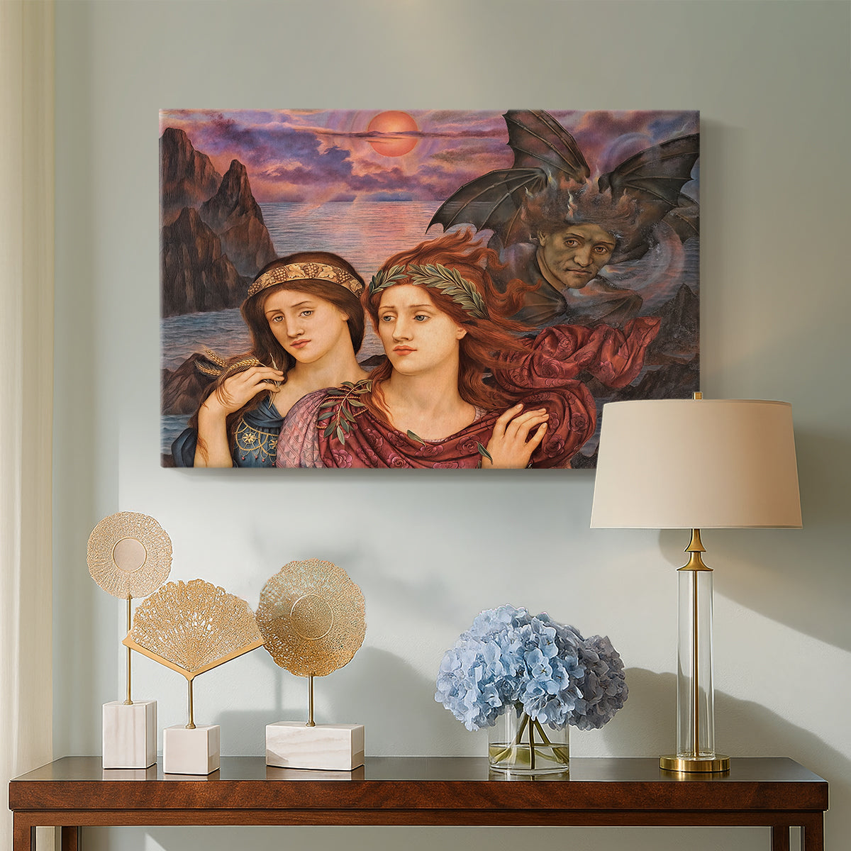 Canvas art print featuring an expressive composition with figures and dramatic sky, displayed above a styled console table