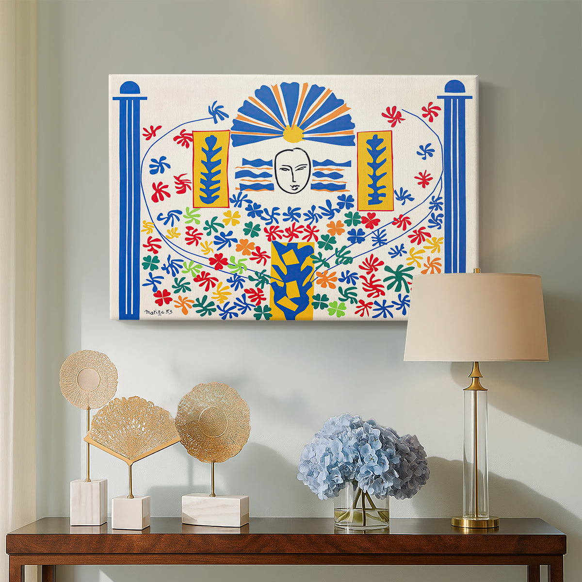 Canvas art print featuring a modernist composition featuring simplified figure and patterns, displayed above a styled console table