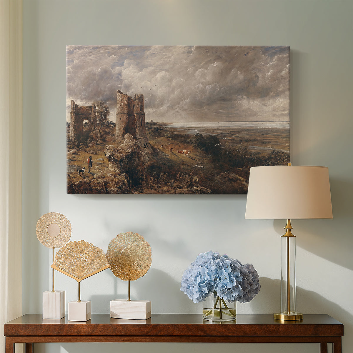 Canvas art print featuring an expressive landscape with structure, displayed above a styled console table